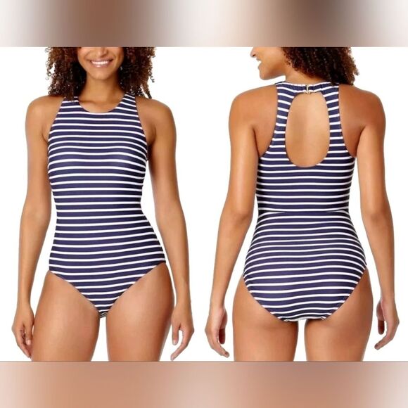 Lands' End Navy Stripe High Neck UPF 50 Open Back 1pc Swimsuit Fully Lined, S - Picture 1 of 10